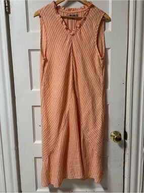 Flax Peach and White Striped Ruffle-Trim Linen Dress Size Small